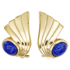 Christian Dior Vintage Gold Lapis Blue Oval Stone Foil Wing Feather Earrings