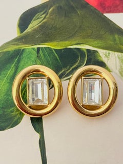 Christian Dior Vintage Gold Large Circle Crystals Rectangle Statement Earrings