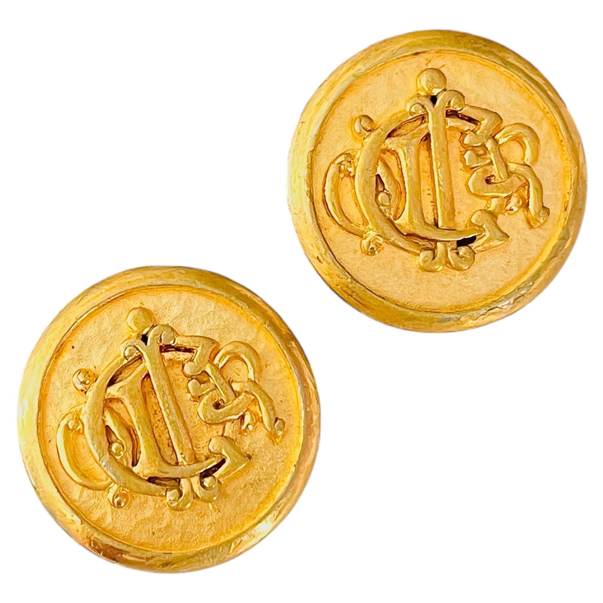 Christian Dior Vintage Gold Large Circle Logo Insignia Initial Monogram Earrings For Sale