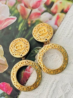 Christian Dior Vintage Gold Large Circle Round Hoop Monogram Drop Earrings