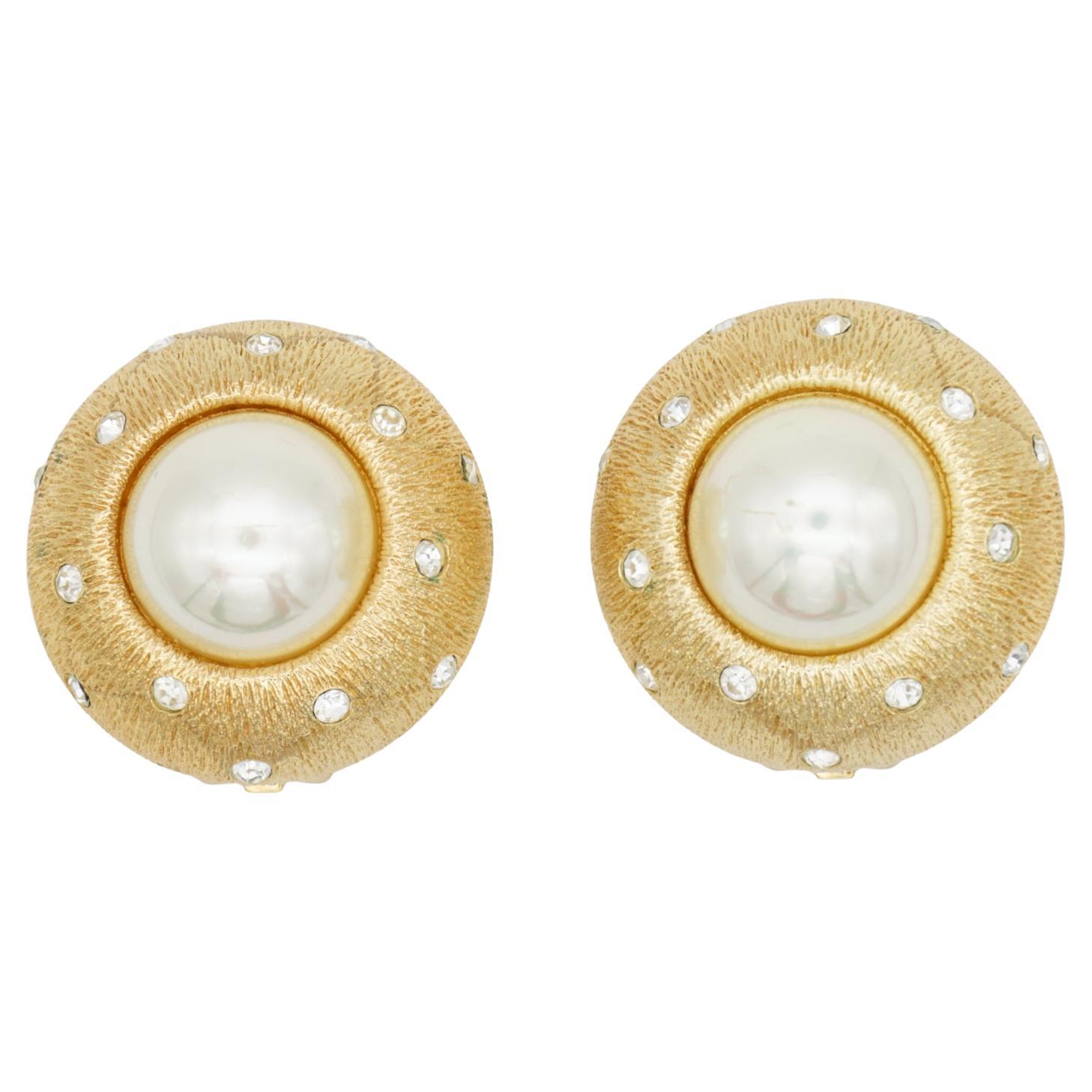 Christian Dior Vintage Gold Large Circle White Pearl Crystals Domed Earrings