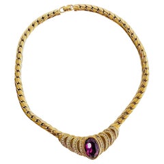Christian Dior Vintage Gold Large Oval Amethyst Purple Openwork Heart Necklace