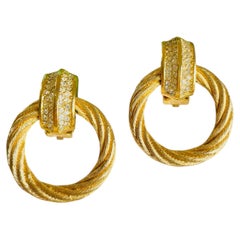 Christian Dior Vintage Gold Large Round Rope Crystals Hoop Chunky Drop Earrings
