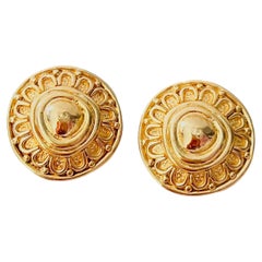 Christian Dior Vintage Gold Large Round Sunburst Floral Relief Chunky Earrings