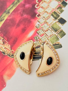 Christian Dior Vintage Gold Large Triangle Cream Black Cabochon Chunky Earrings
