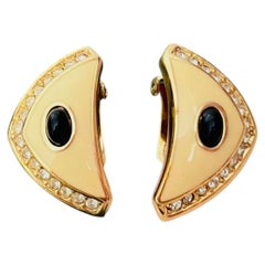 Christian Dior Vintage Gold Large Triangle Cream Black Cabochon Chunky Earrings