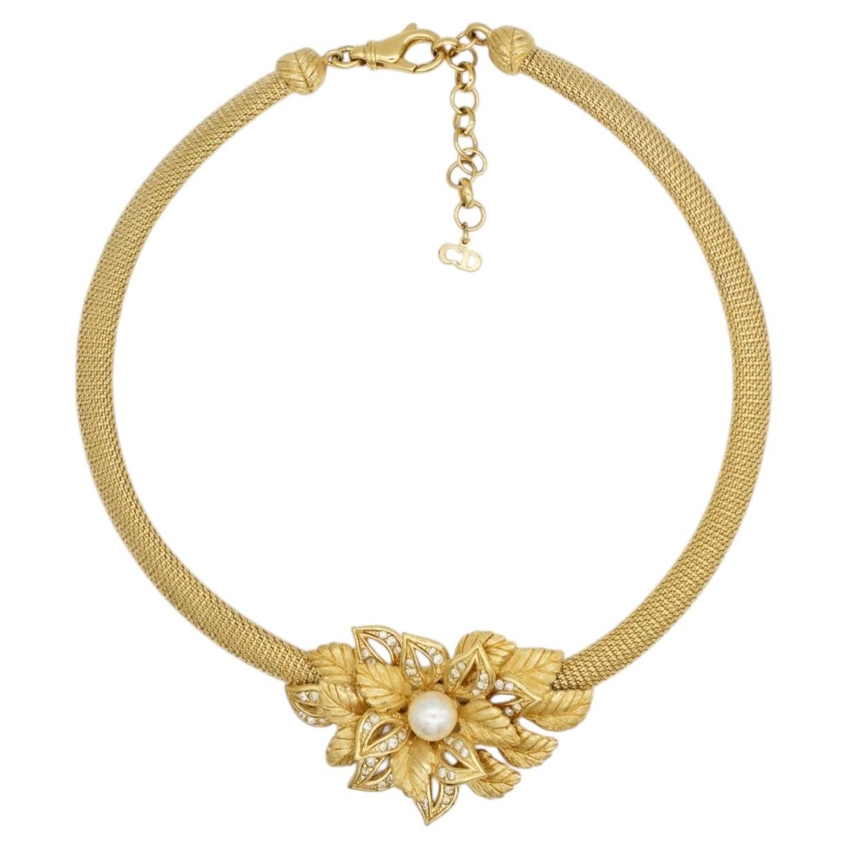 Christian Dior Vintage Iconic Gold White Pearl Leaf Woven Omega Chunky Necklace For Sale