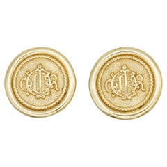 Christian Dior Vintage Gold Logo Initial Monogram Insignia Medallion Earrings