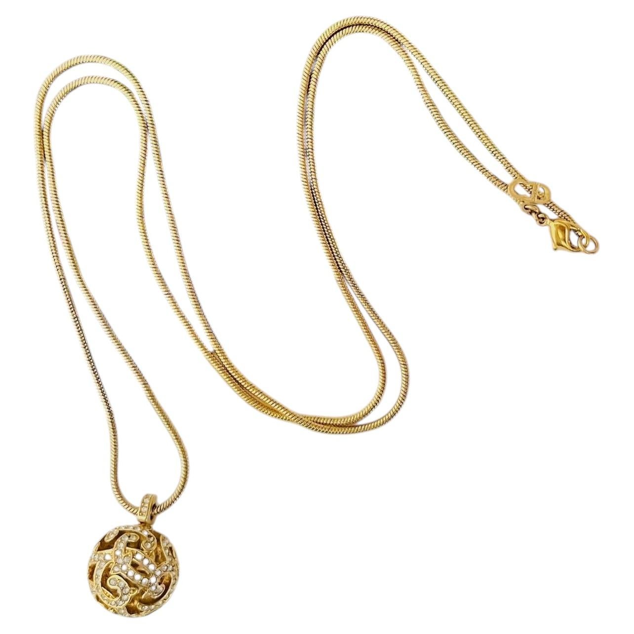Christian Dior Vintage Gold Long Ball Sphere Openwork Crystals Snake Necklace