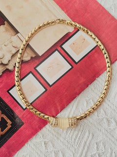 Christian Dior Vintage Gold Matte Frost White Shell Crystals Cabochon Necklace