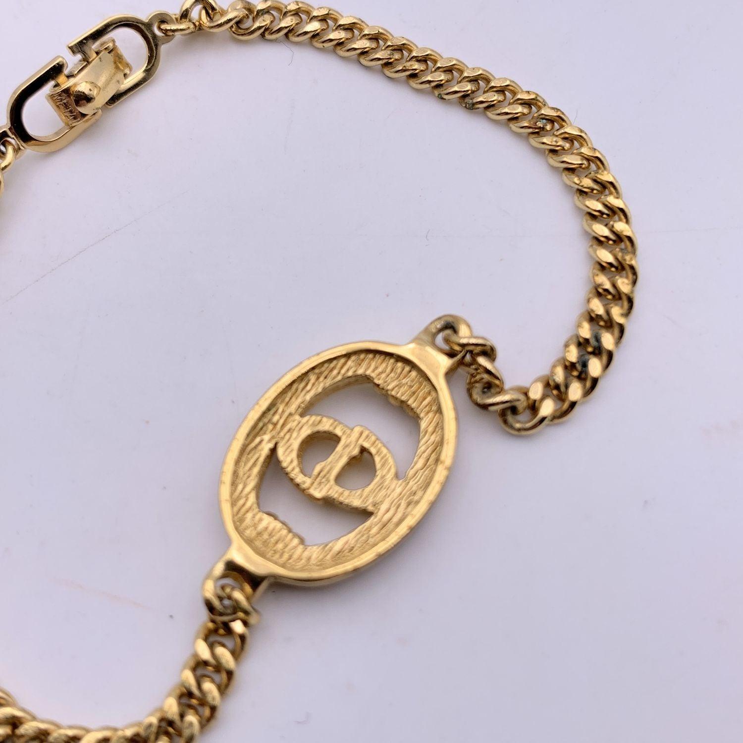 Women's Christian Dior Vintage Gold Metal CD Crystals Logo Chain Bracelet