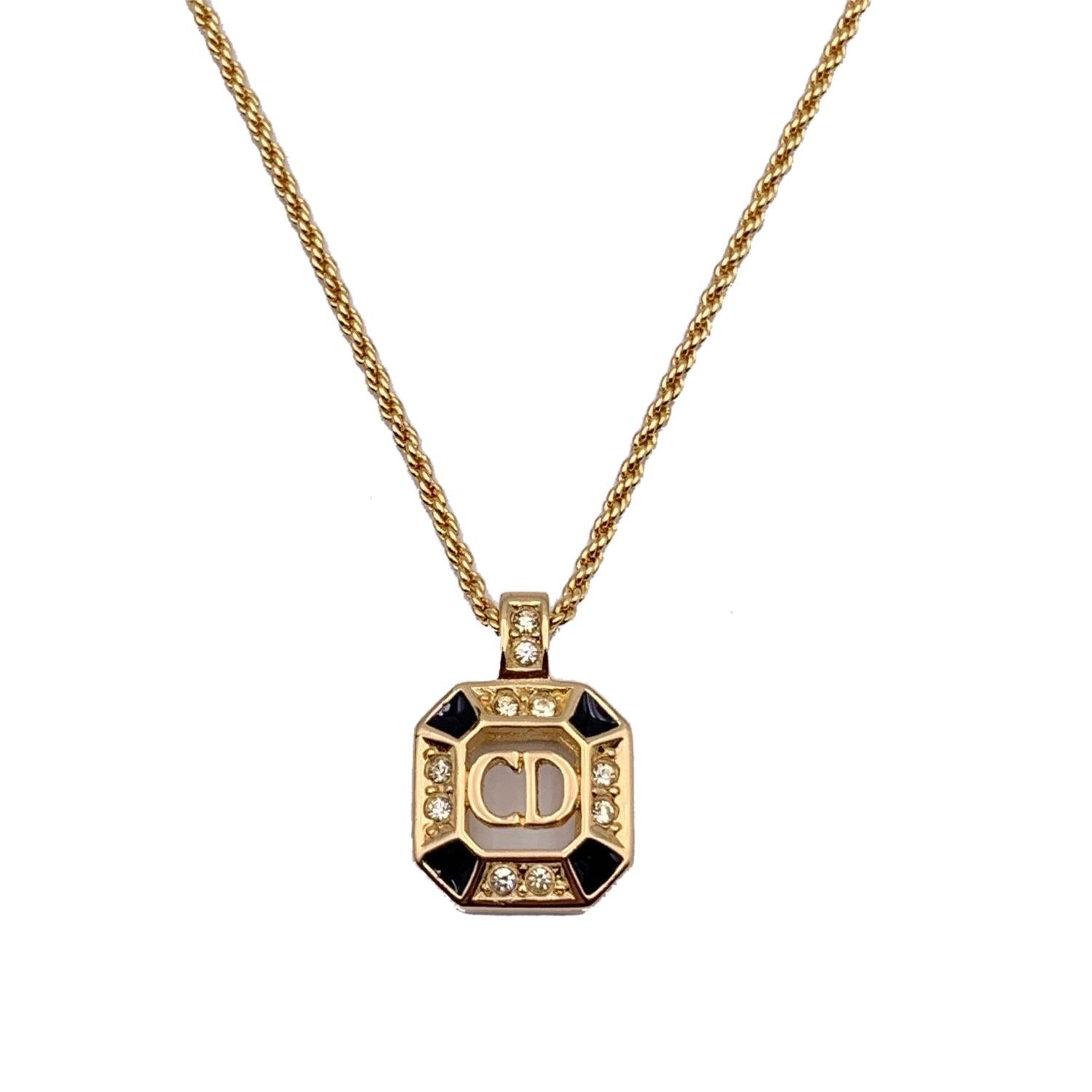 Women's Christian Dior Vintage Gold Metal CD Square Pendant Chain Necklace For Sale