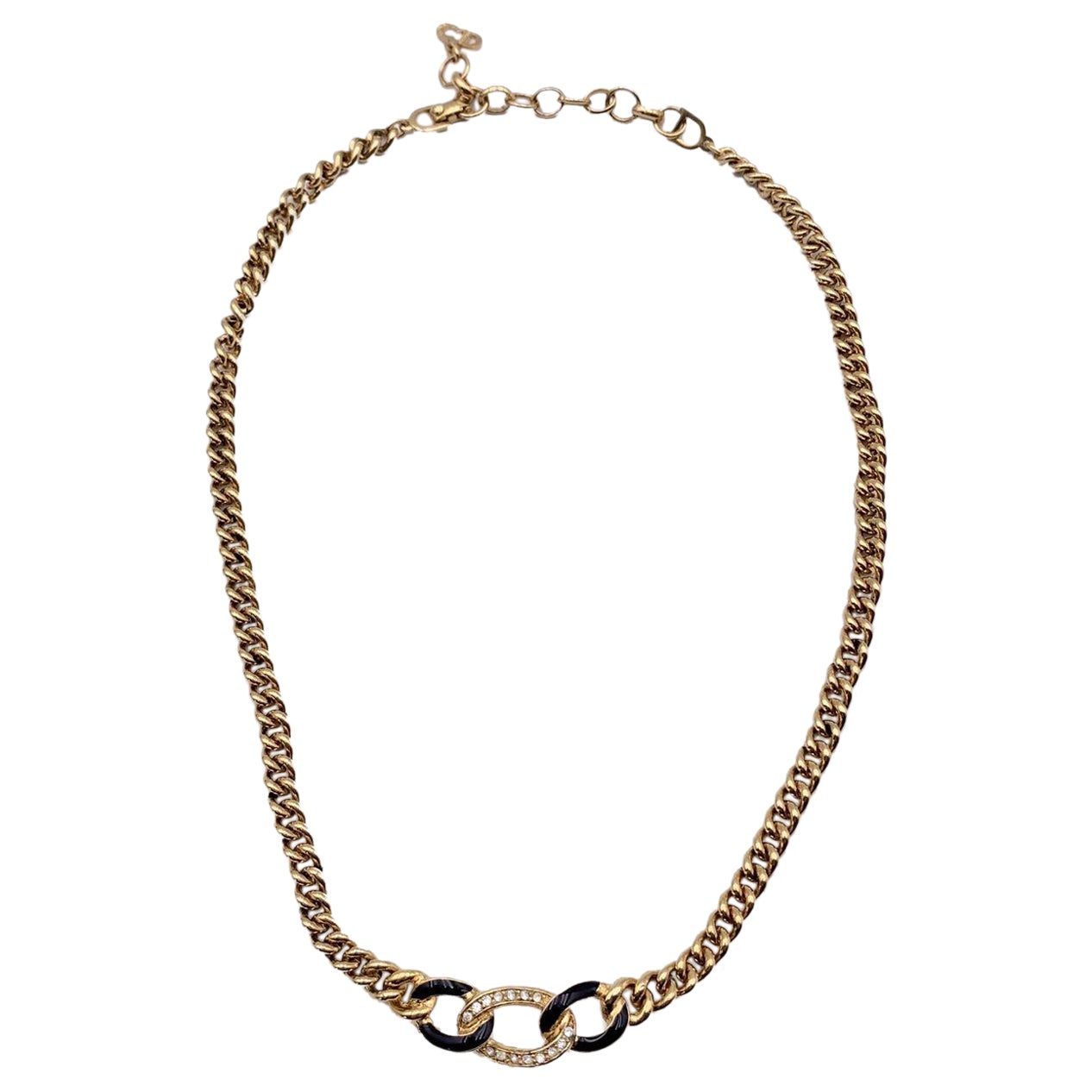 Christian Dior Vintage Gold Metal Chain Link Crystal Enamel Necklace