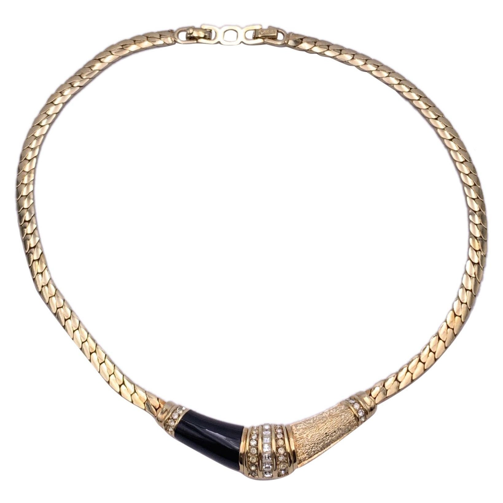 Christian Dior Vintage Gold Metal Crystal Black Enamel Necklace