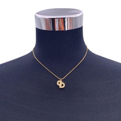Christian Dior Vintage Gold Metal Crystal CD Pendant Chain Necklace