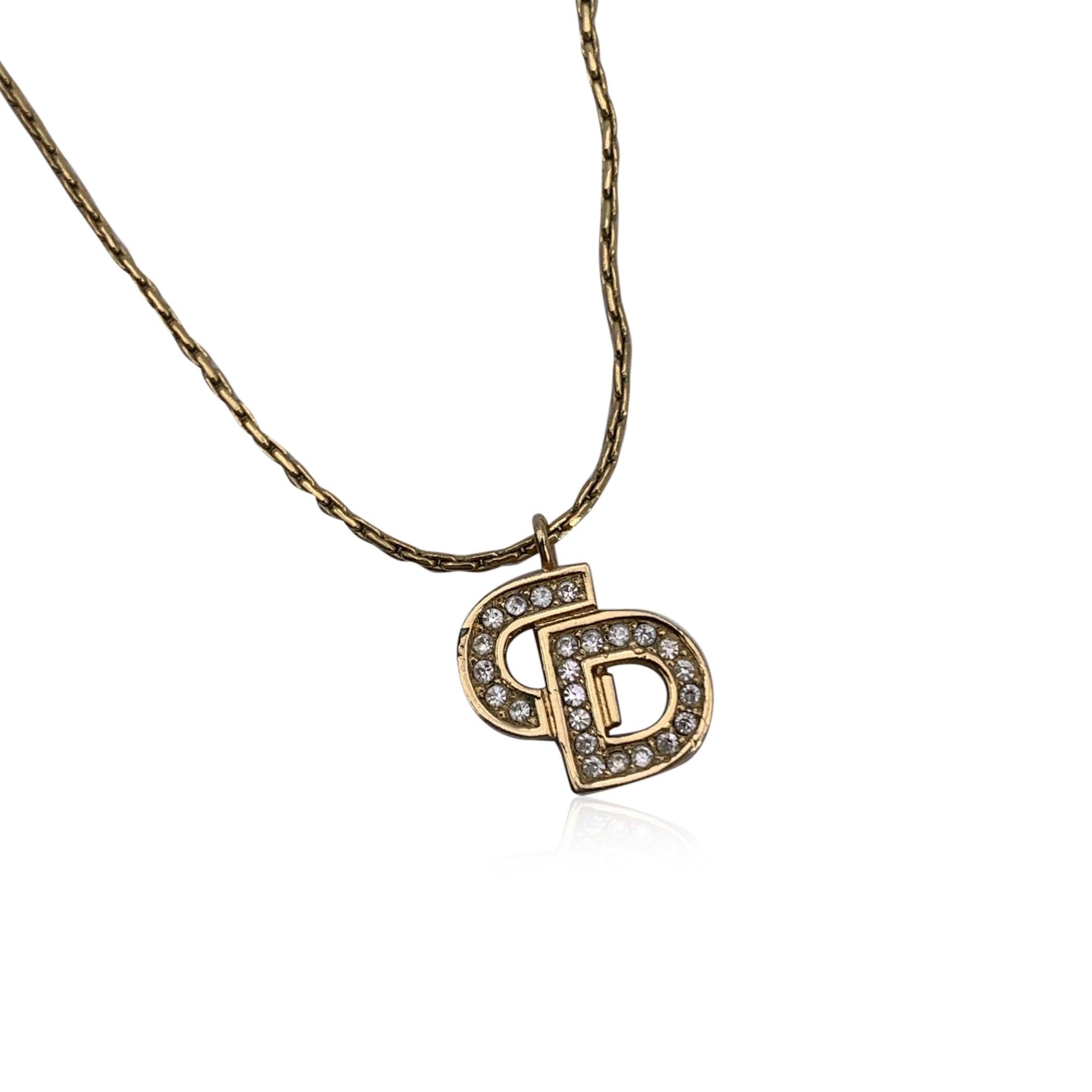 Christian Dior Vintage Gold Metal Crystal CD Pendant Chain Necklace In Excellent Condition For Sale In Rome, Rome