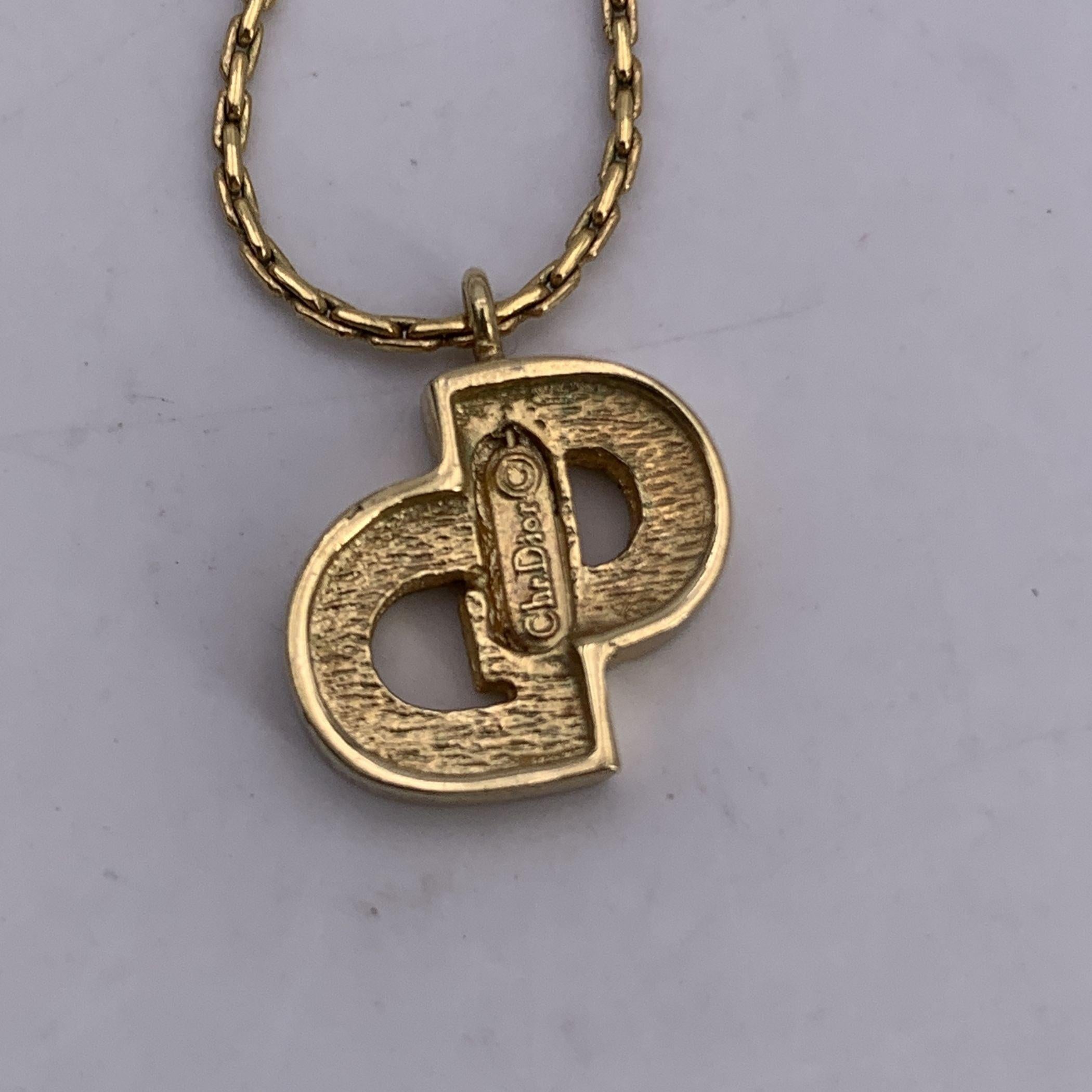 Women's Christian Dior Vintage Gold Metal Crystal CD Pendant Chain Necklace For Sale
