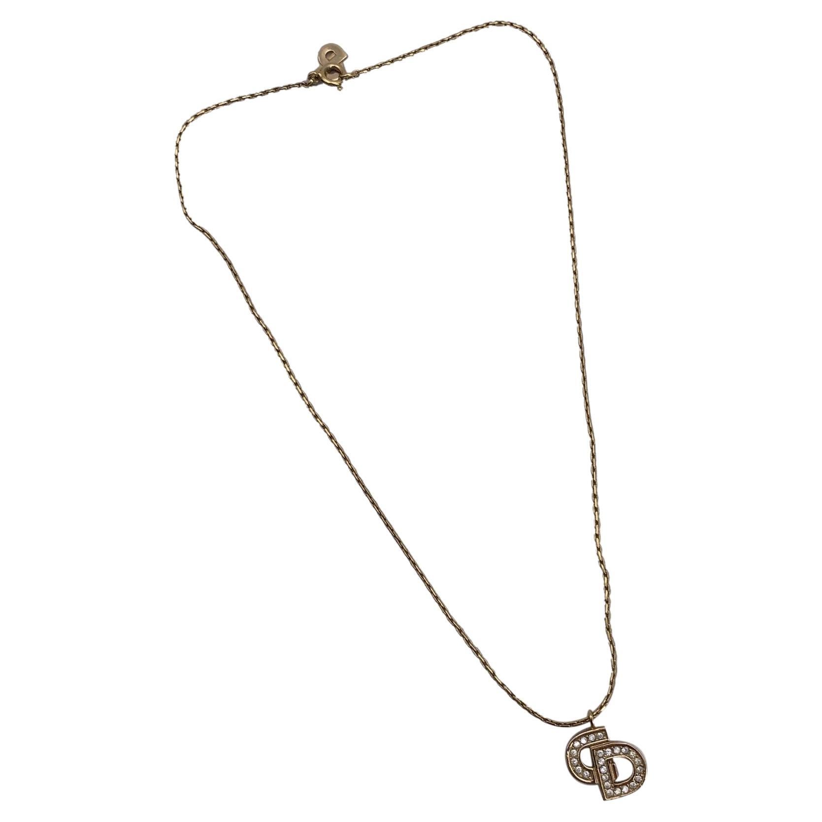 Christian Dior Vintage Gold Metal Crystal CD Pendant Chain Necklace For Sale