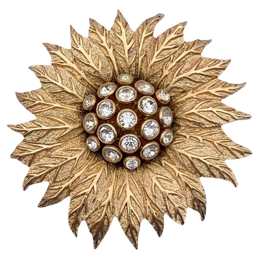 Christian Dior Vintage Gold Metal Sunflower Crystals Flower Pin Brooch