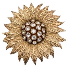Christian Dior Retro Gold Metal Sunflower Crystals Flower Pin Brooch