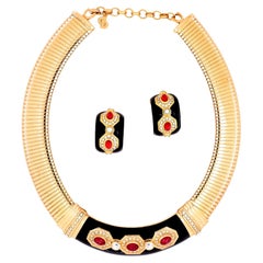 Christian Dior Vintage Gold Omega Collar Necklace & Earrings Set w Crystals