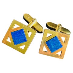 Christian Dior Vintage – Goldfarbene, durchbrochene Manschettenknöpfe mit Lapislazuli-Steinen in doppelter quadratischer Form, marineblau