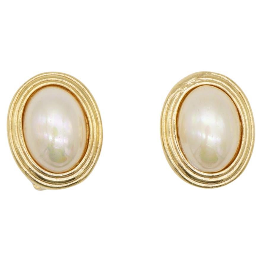 Christian Dior Vintage Gold Oval Large White Pearl Retro Elegant Clip Earrings