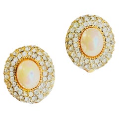 Christian Dior Vintage Gold Oval White Pearl Whole Shining Crystals Earrings