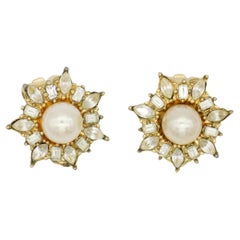 Christian Dior Vintage Gold Pearl Radiant Crystals Flower Snowflake Earrings