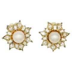 Christian Dior Vintage Gold Pearl Radiant Crystals Flower Snowflake Earrings