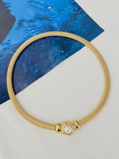 Christian Dior Vintage Gold Pearl Square Crystals Button Mesh Omega Necklace