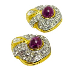 CHRISTIAN DIOR vintage gold plated amethyst crystals designer clip on earrings