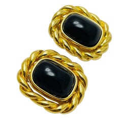 CHRISTIAN DIOR vintage gold plated black cab designer clip on earrings