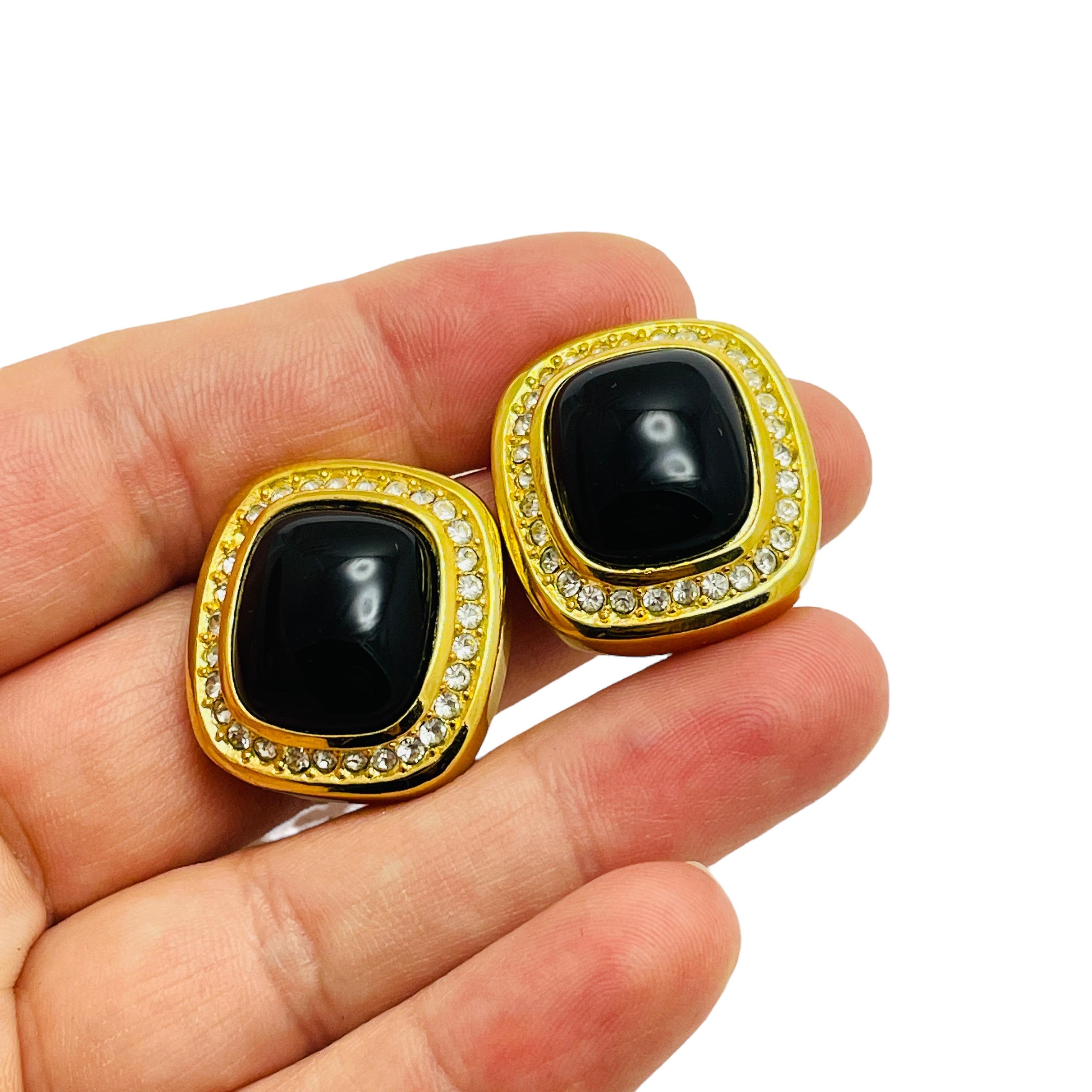 Women's CHRISTIAN DIOR vintage gold plated crystals black cab designer clip on earrings For Sale