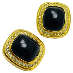 CHRISTIAN DIOR vintage gold plated crystals black cab designer clip on earrings