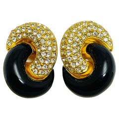 CHRISTIAN DIOR vintage gold plated crystals enamel designer clip on earrings