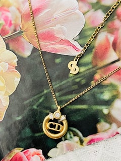 Christian Dior Vintage Gold Rare Circle Rectangle CD Crystals Openwork Necklace