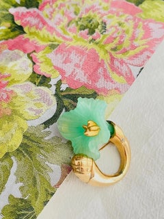 Christian Dior Vintage Gold Rare Light Frost Green Jade Curled Blossom Brooch