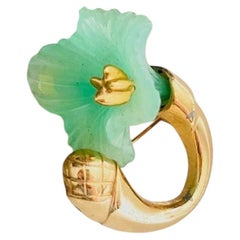 Christian Dior Vintage Gold Rare Light Frost Green Jade Curled Blossom Brooch