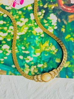 Christian Dior Vintage Gold Rare White Oval Pearl Semi Circle Crystals Necklace