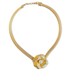 Christian Dior Vintage Gold Rare White Pearl Crystals Flower Mesh Omega Necklace