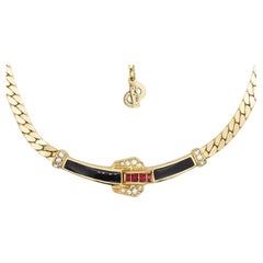 Christian Dior Vintage Gold Red Ruby Black Curved Crystals Pendant Necklace