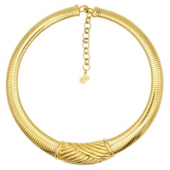 Christian Dior Vintage Gold Ribbed Omega Snake Ripple Choker Chunky Necklace