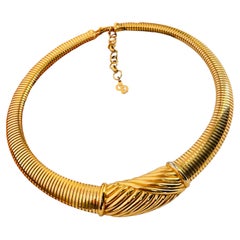 Christian Dior Vintage Gold Ribbed Omega Snake Ripple Choker Chunky Necklace