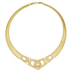 Christian Dior Vintage Gold Ribbed Omega White Pearl Crystals Openwork Necklace