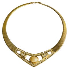 Christian Dior Vintage Gold Ribbed Omega White Pearl Crystals Openwork Necklace