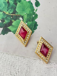 Christian Dior Vintage Gold Ruby Gripoix Red Crystals Trapezoid Clip Earrings