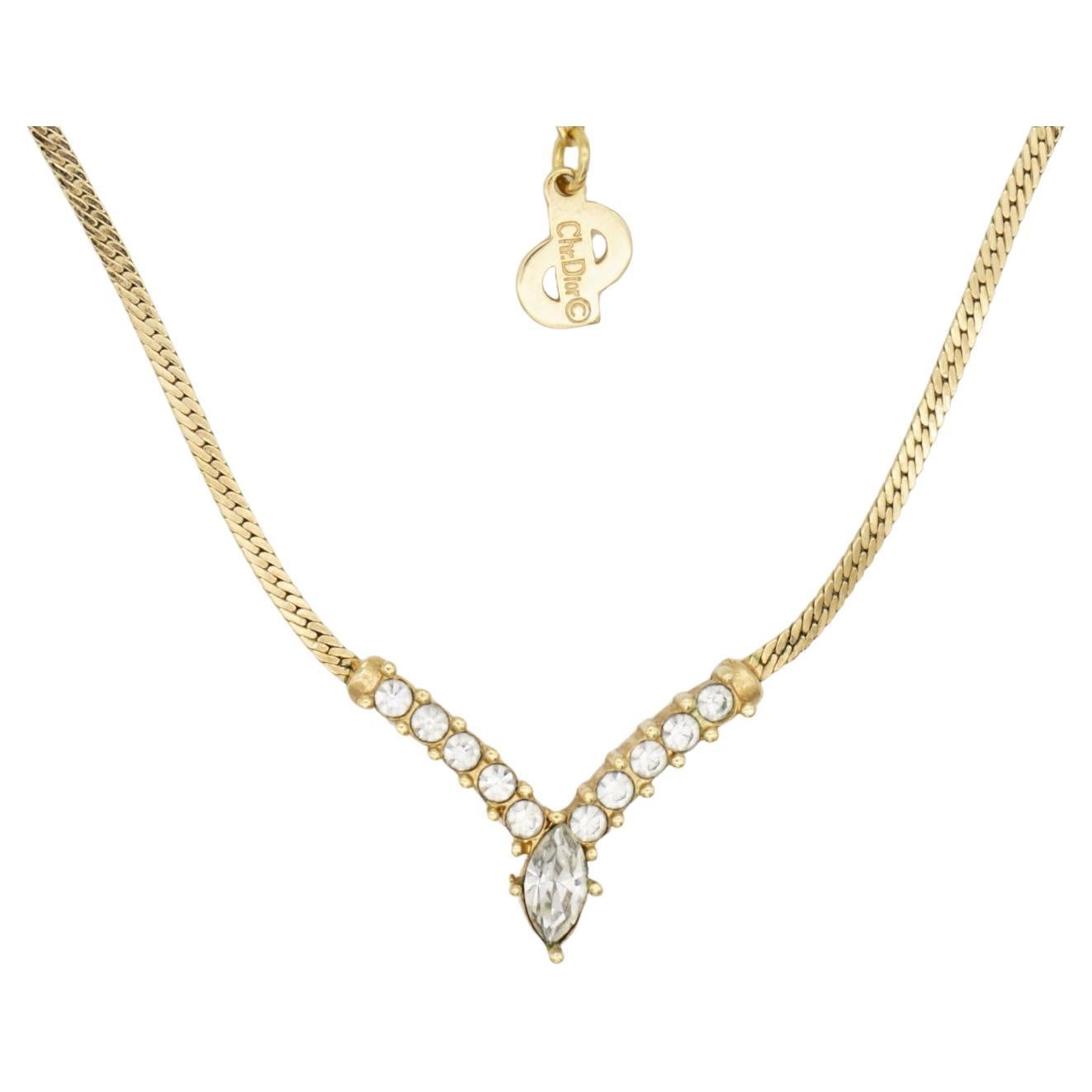 Christian Dior Vintage Gold Sparkling Crystals Marquise Circle Pendant Necklace