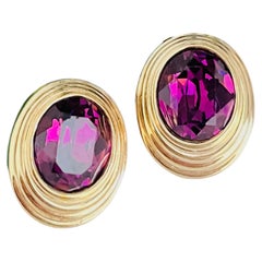 Christian Dior Vintage Gold Textured Oval Amethyst Purple Cabochon Earrings