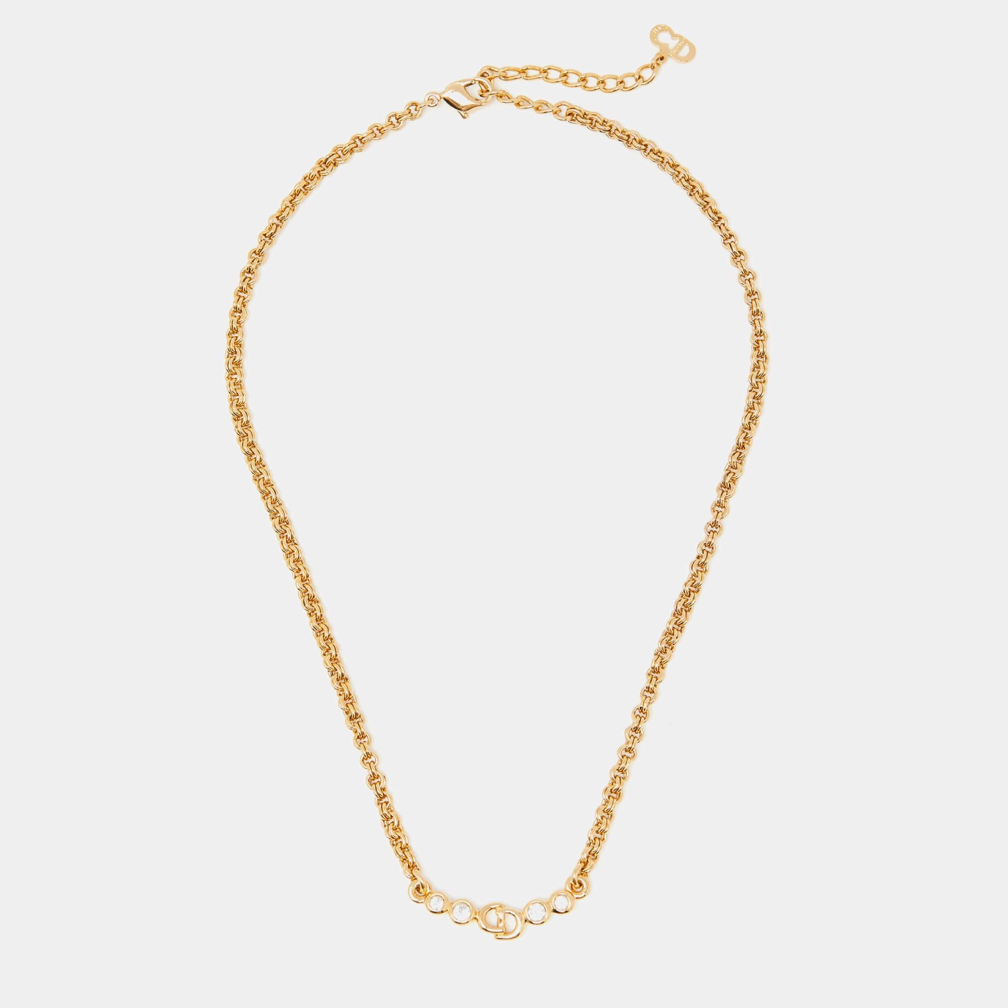 Women's Christian Dior Vintage Gold Tone CD Rhinestone Chain Necklace